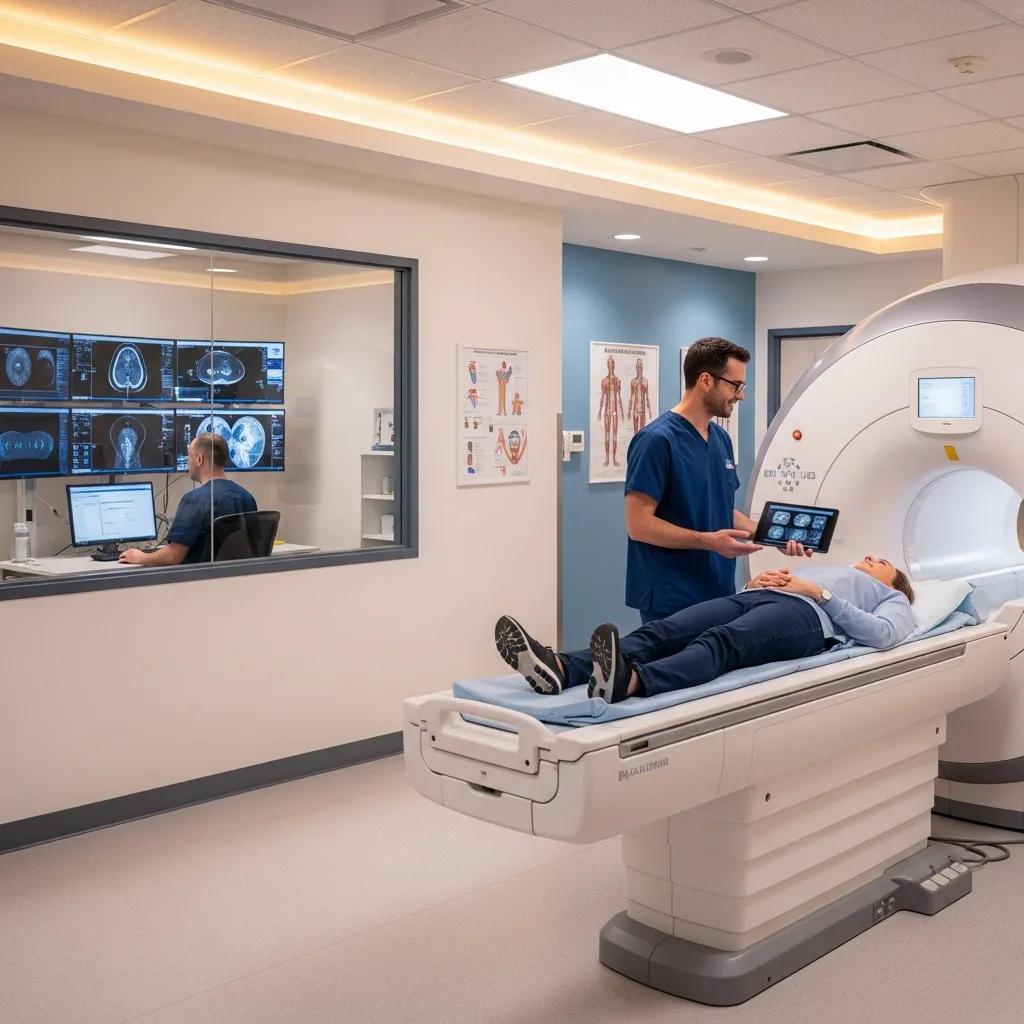 Modern medical imaging facility with advanced radiography equipment and a caring radiologist