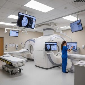 Modern medical imaging room with advanced equipment and healthcare professional