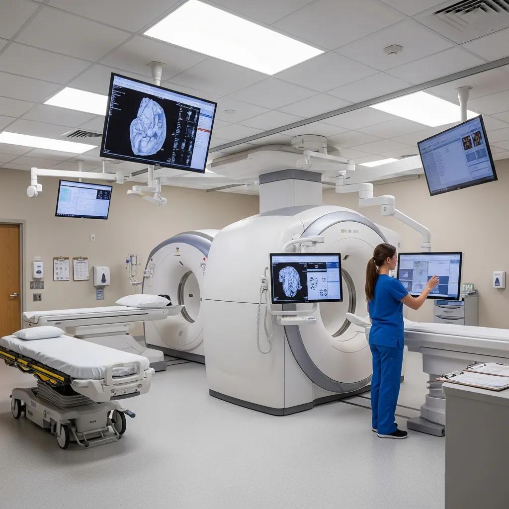 Modern medical imaging room with advanced equipment and healthcare professional