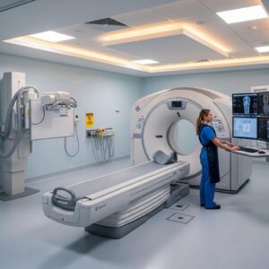 Modern medical imaging room with advanced equipment and healthcare professional ensuring quality and safety