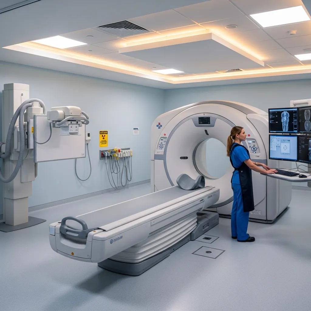 Modern medical imaging room with advanced equipment and healthcare professional ensuring quality and safety