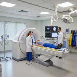 Modern medical imaging room with advanced radiography equipment and patient preparation