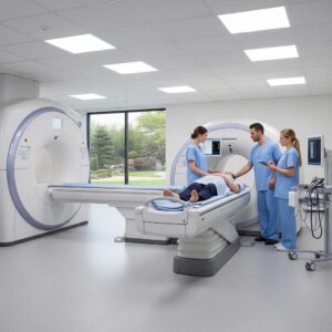 Modern medical imaging room with CT and MRI machines, highlighting advanced technology in healthcare