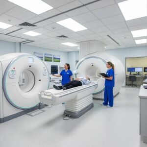 Modern medical imaging room with CT and MRI machines, highlighting patient care and advanced technology