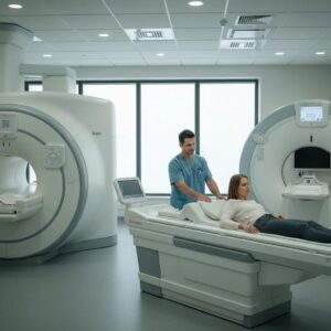 Modern medical imaging room with MRI and CT machines, showcasing patient care and advanced technology
