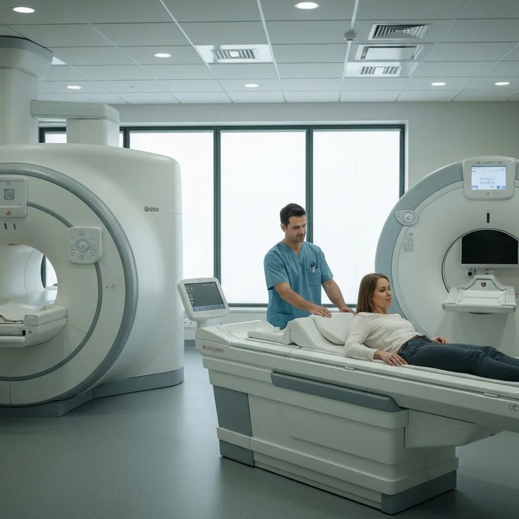 Modern medical imaging room with MRI and CT machines, showcasing patient care and advanced technology