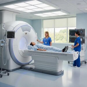 Modern MRI machine in a clinical setting with a patient being scanned