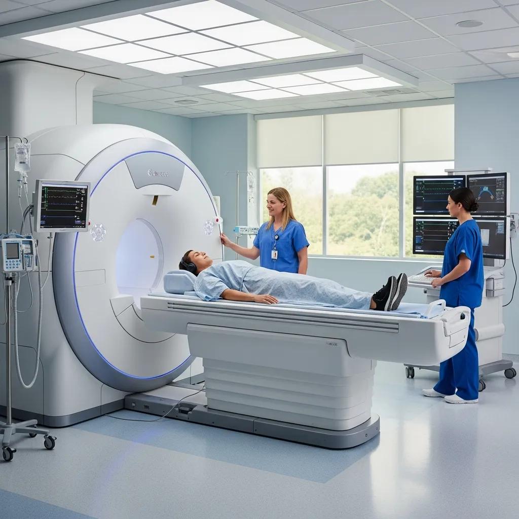 Modern MRI machine in a clinical setting with a patient being scanned
