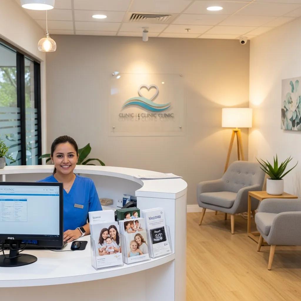 Modern ultrasound clinic reception area with friendly staff and inviting atmosphere