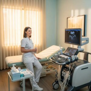 Modern ultrasound machine in a welcoming medical imaging clinic