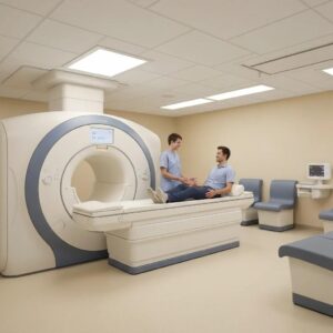 Open MRI machine in a welcoming medical imaging room, highlighting patient comfort and modern technology