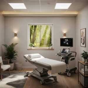 Open ultrasound room showcasing modern equipment and a calming environment for patient comfort