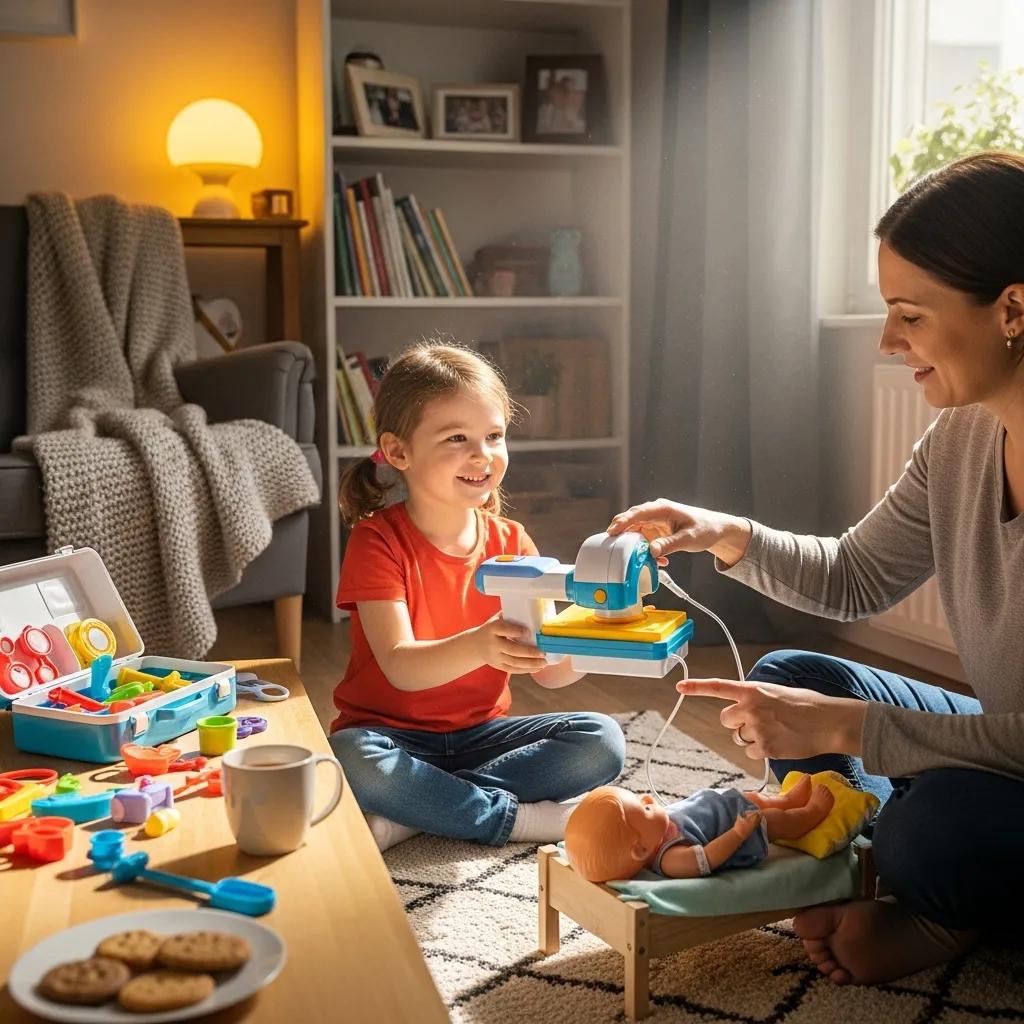 Parent and child role‑playing with a toy medical kit to prepare for a scan, emphasising emotional support