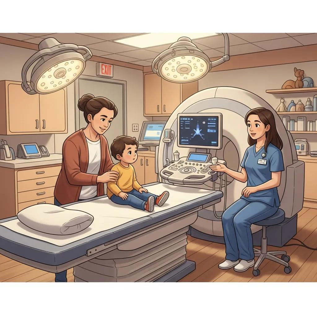 Parent comforting child in a child-friendly medical imaging room