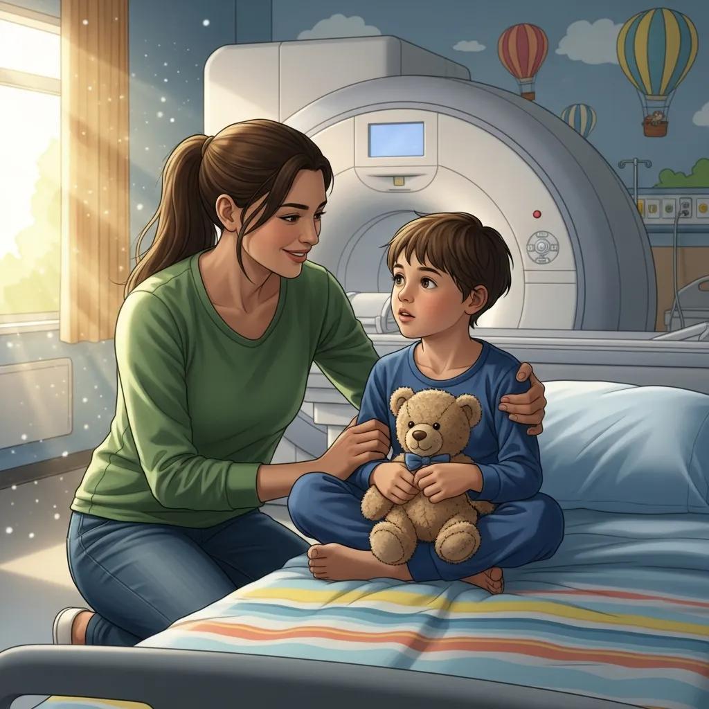 Parent comforting child in a hospital setting with medical imaging equipment