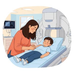 Parent comforting child in a medical imaging room, emphasizing emotional support and preparation