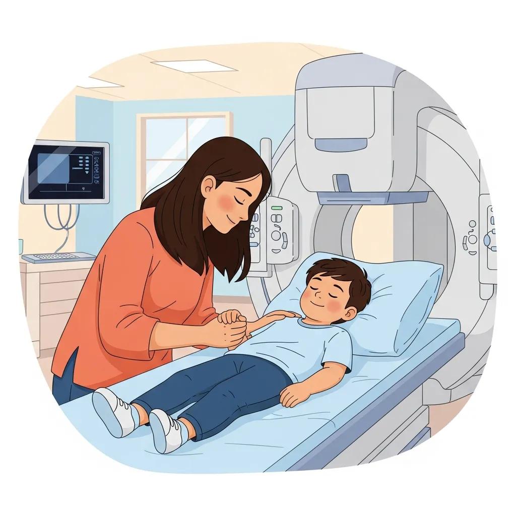 Parent comforting child in a medical imaging room, emphasizing emotional support and preparation