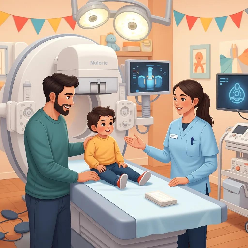 Parent comforting child in a pediatric imaging room, emphasizing a supportive medical environment