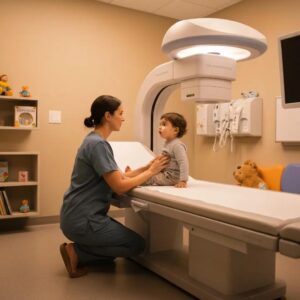 Parent comforting child in a pediatric imaging room, emphasizing emotional support and preparation for diagnostic imaging