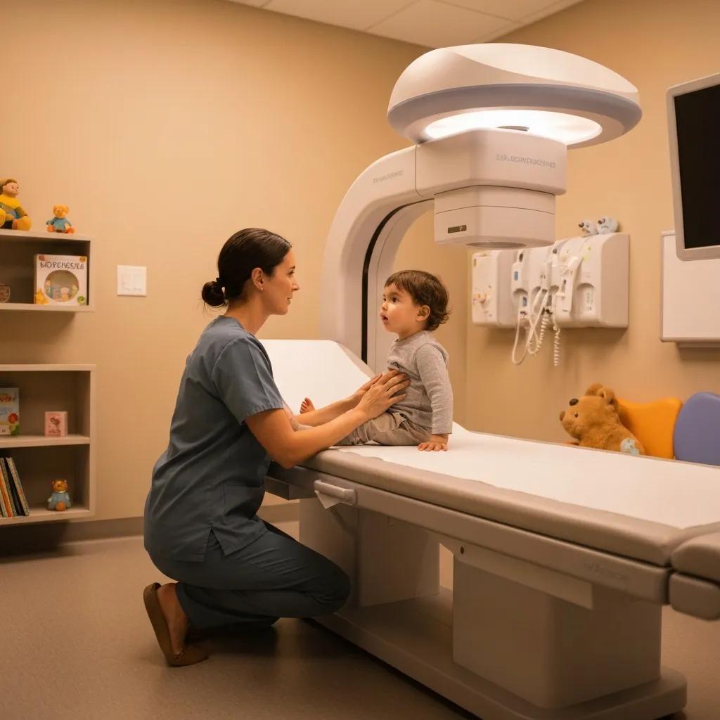 Parent comforting child in a pediatric imaging room, emphasizing emotional support and preparation for diagnostic imaging