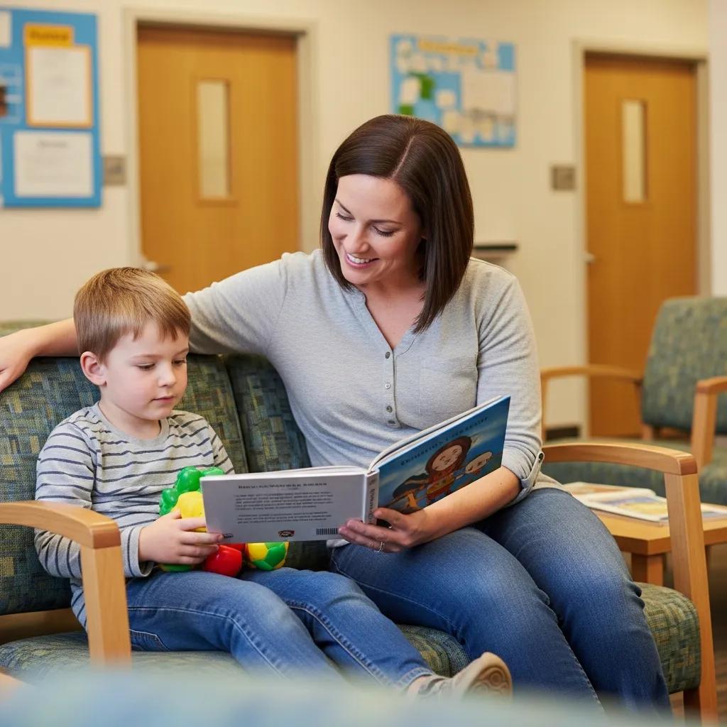 Parent reading to a child in a waiting area to help them feel calm before their scan