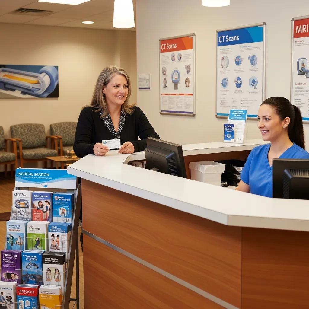 Woman checking in at reception desk for CT scan appointment, with staff member assisting, informational posters about CT and MRI scans visible in background, and brochures displayed in foreground.