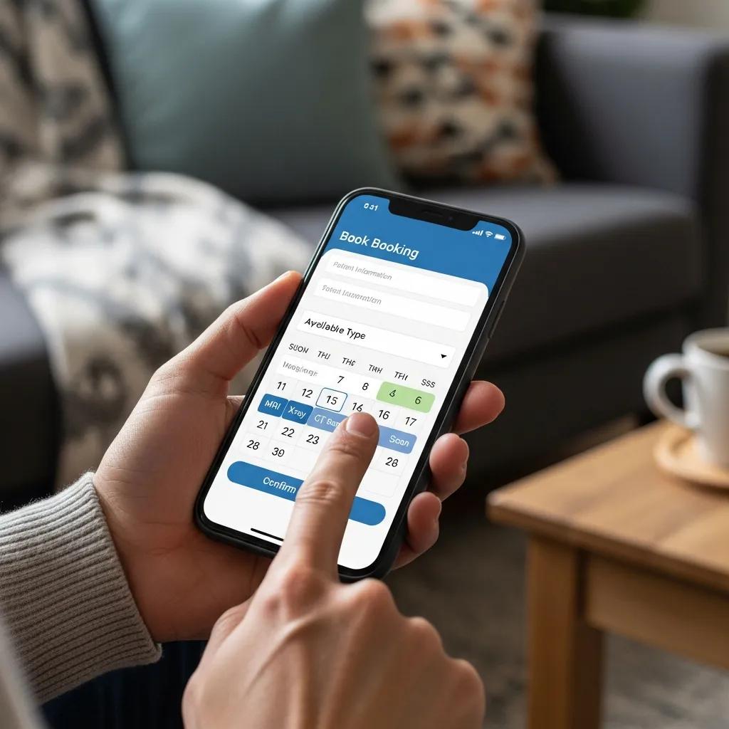 Person booking a medical imaging appointment on a smartphone from home