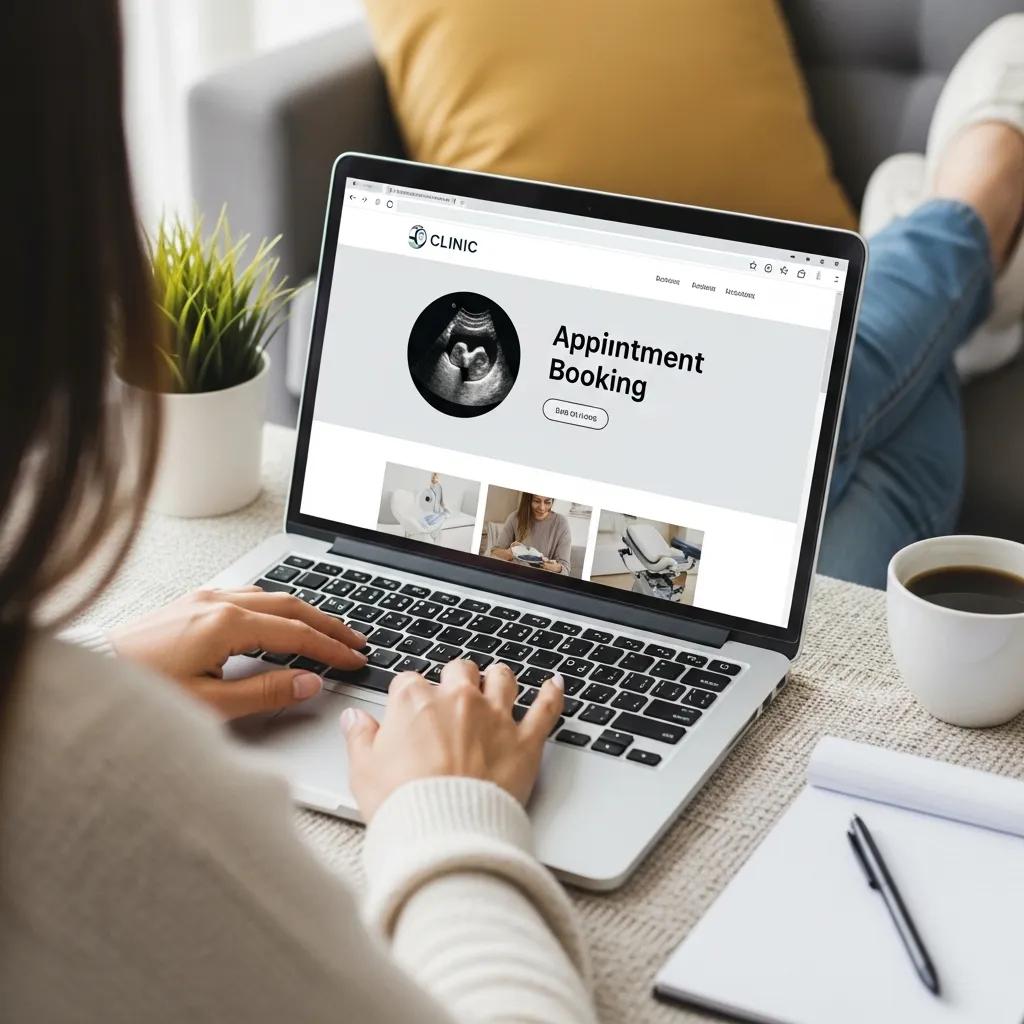 Person using a laptop to book an ultrasound appointment online, featuring an ultrasound image on the screen, with a plant and coffee cup nearby, illustrating patient engagement in the booking process at a medical imaging clinic.