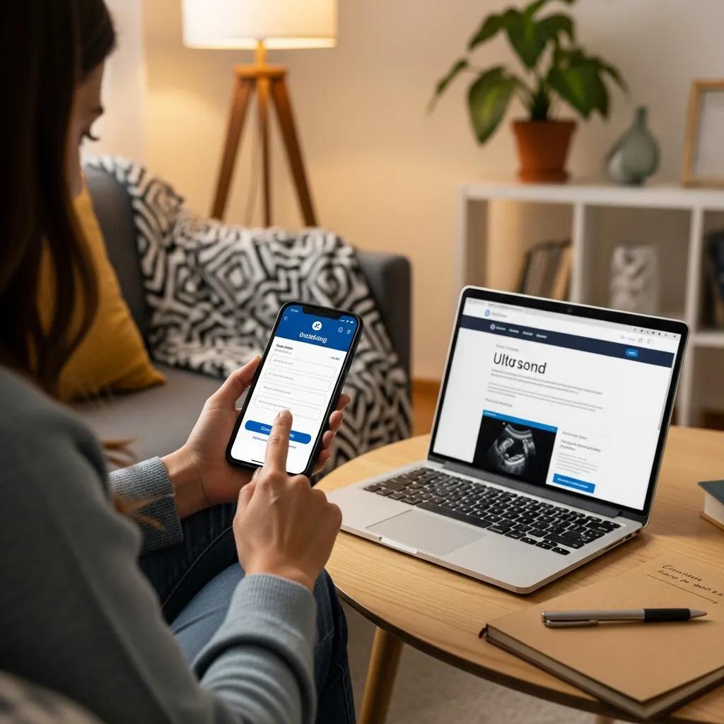 Person booking an ultrasound appointment online using a smartphone at home