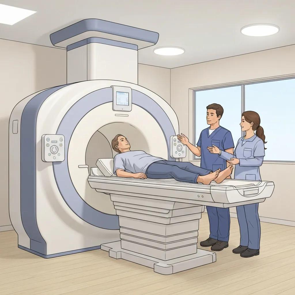 Patient comfortably positioned in an open MRI machine, showcasing ergonomic design and technician interaction
