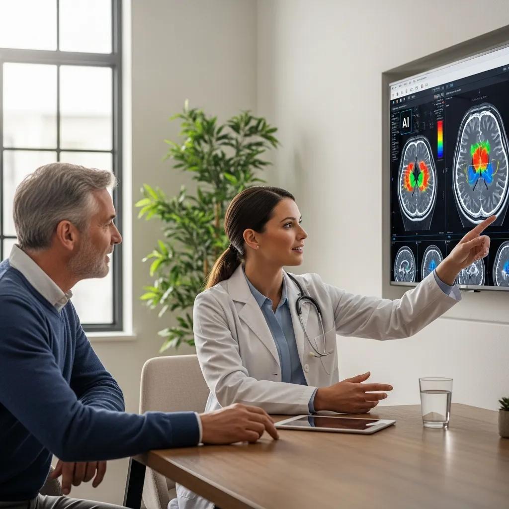 Patient discussing AI‑assisted imaging results with a doctor in a consultation room