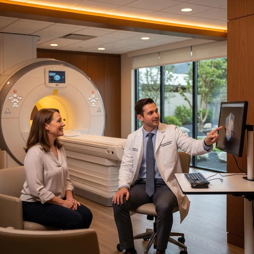 Patient talking with clinician at a private imaging clinic