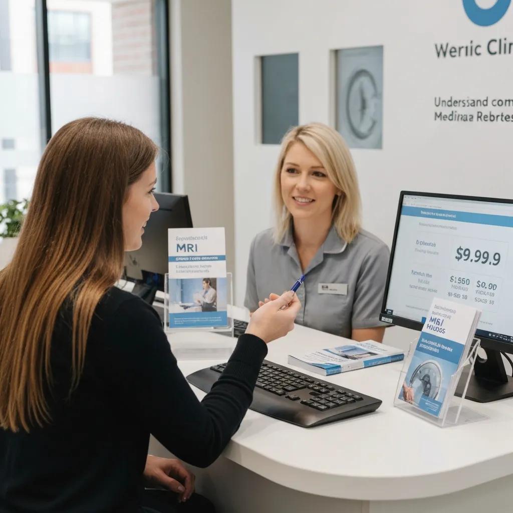 Patient consulting with clinic staff about open MRI costs and Medicare rebates in a welcoming reception area