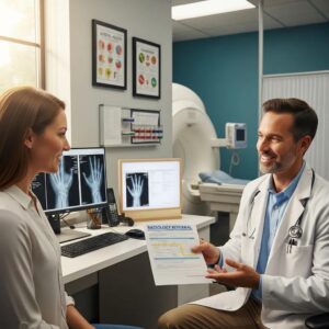 Patient consulting with healthcare provider about radiology referral in a modern medical office