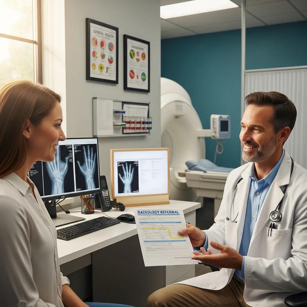 Patient consulting with healthcare provider about radiology referral in a modern medical office