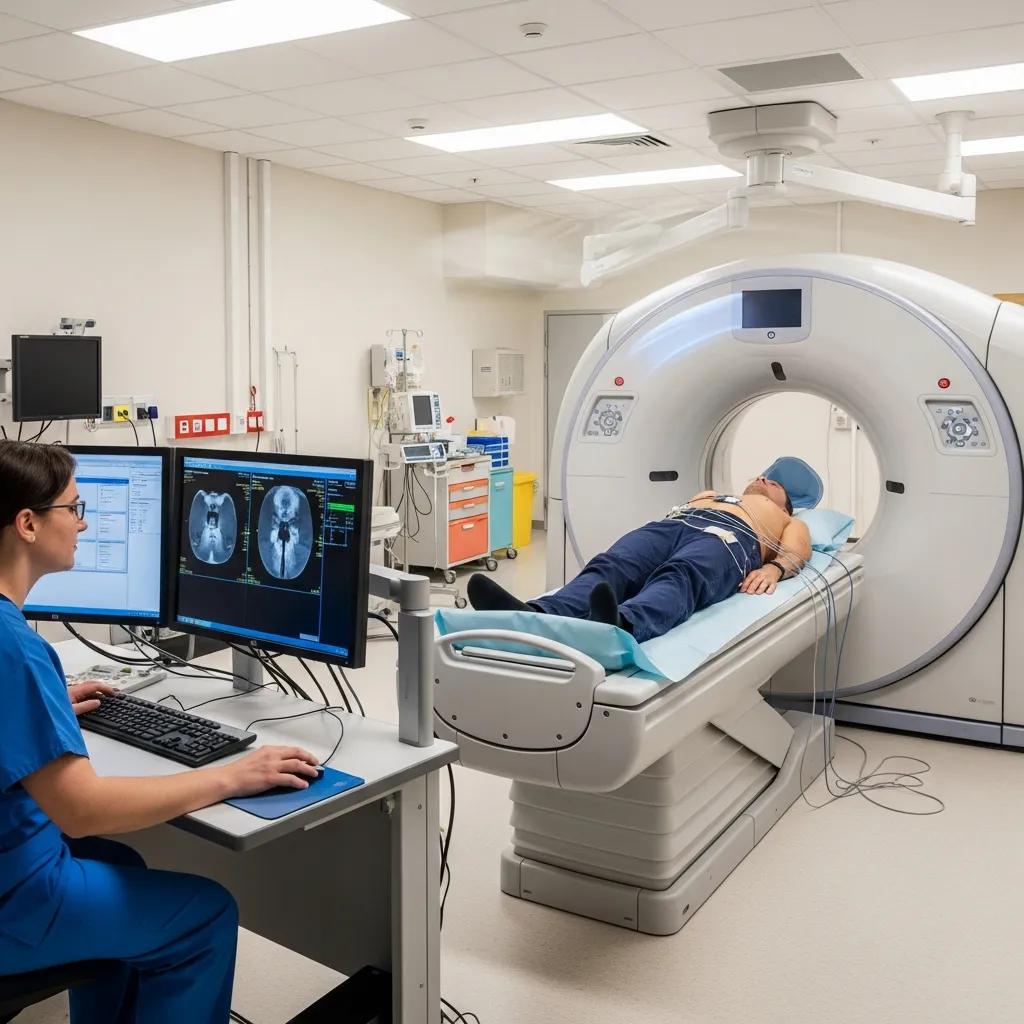 Patient on CT scanner table with radiographer monitoring the procedure
