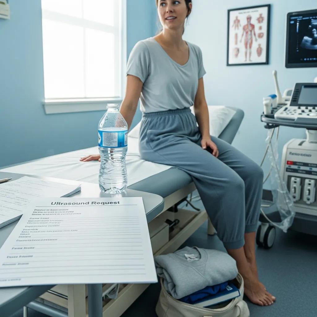 Patient preparing for ultrasound with referral paperwork and water bottle
