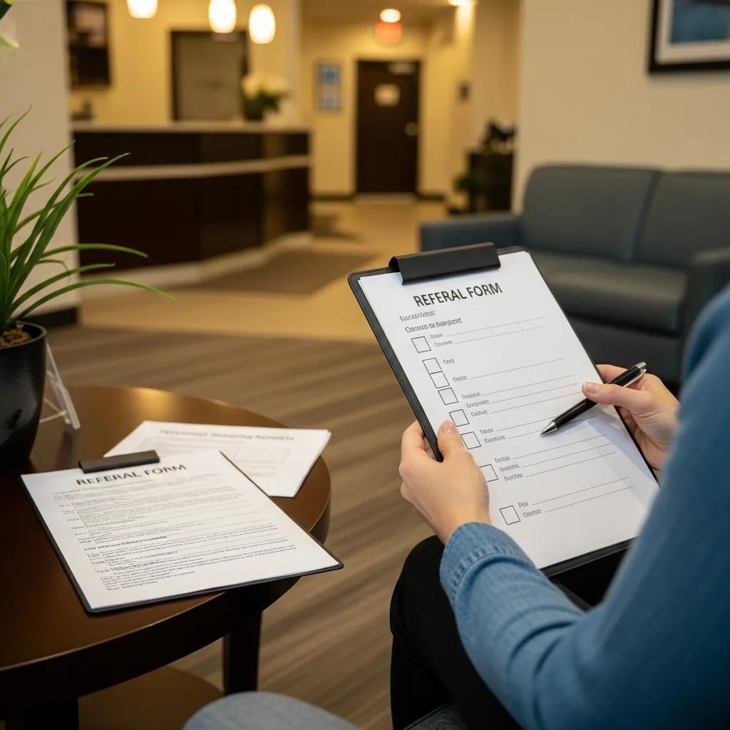 Patient preparing for a medical imaging appointment with paperwork and ID