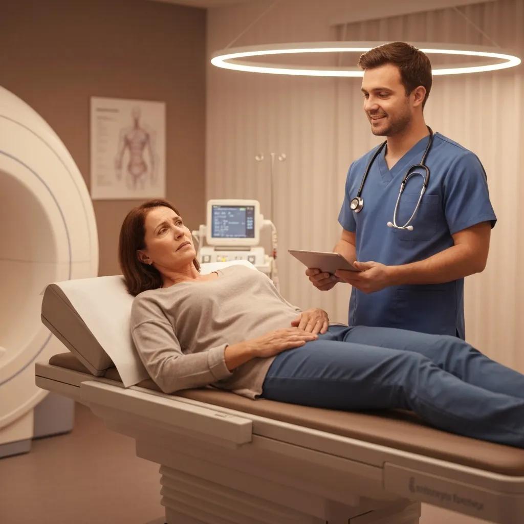 Patient preparing for an MRI scan with healthcare professional, emphasizing comfort and clear communication