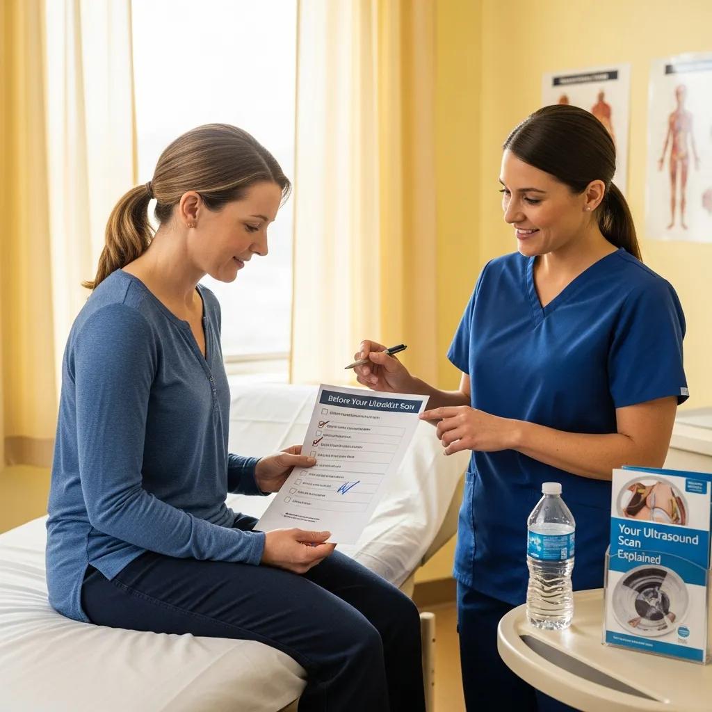 Patient discussing preparation instructions with a healthcare professional before an ultrasound
