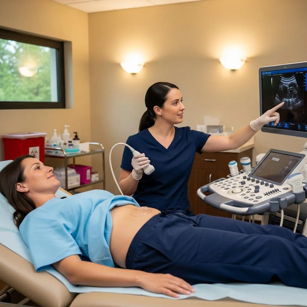 Sonographer explaining an ultrasound procedure to a patient before the scan