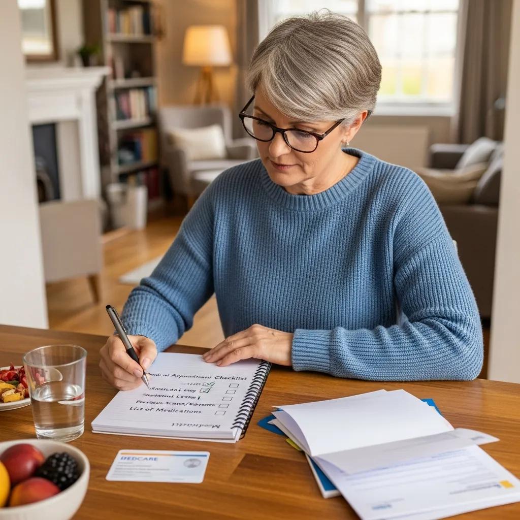 Woman preparing for a medical imaging appointment, writing on a checklist with documents and a Medicare card on the table, emphasizing the importance of preparation for bulk-billed services.