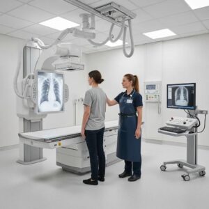 Patient receiving a chest X-ray in a modern medical facility, highlighting advanced imaging technology