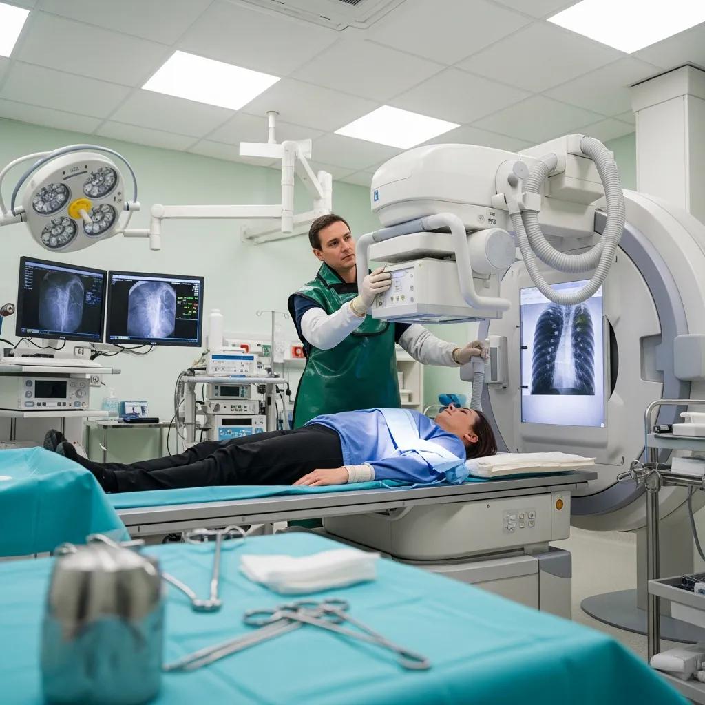 Patient receiving digital X-ray in modern clinical setting, radiographer operating equipment, monitors displaying radiographic images, sterile environment with medical tools.