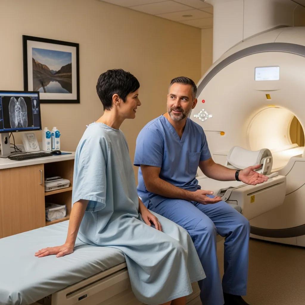 A patient being supported by a radiographer during an imaging appointment