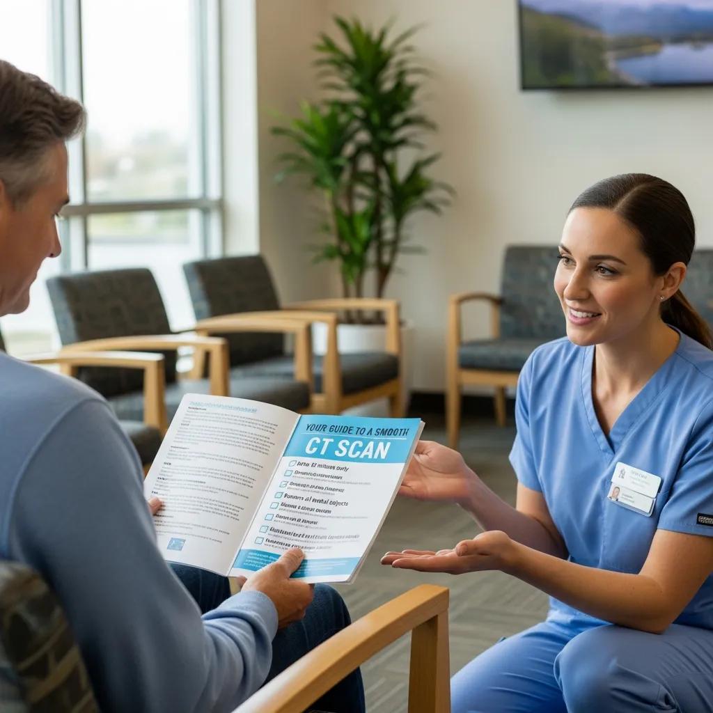 Patient reviewing CT scan preparation instructions with a staff member in a welcoming medical environment, emphasizing guidance for a smooth imaging process.