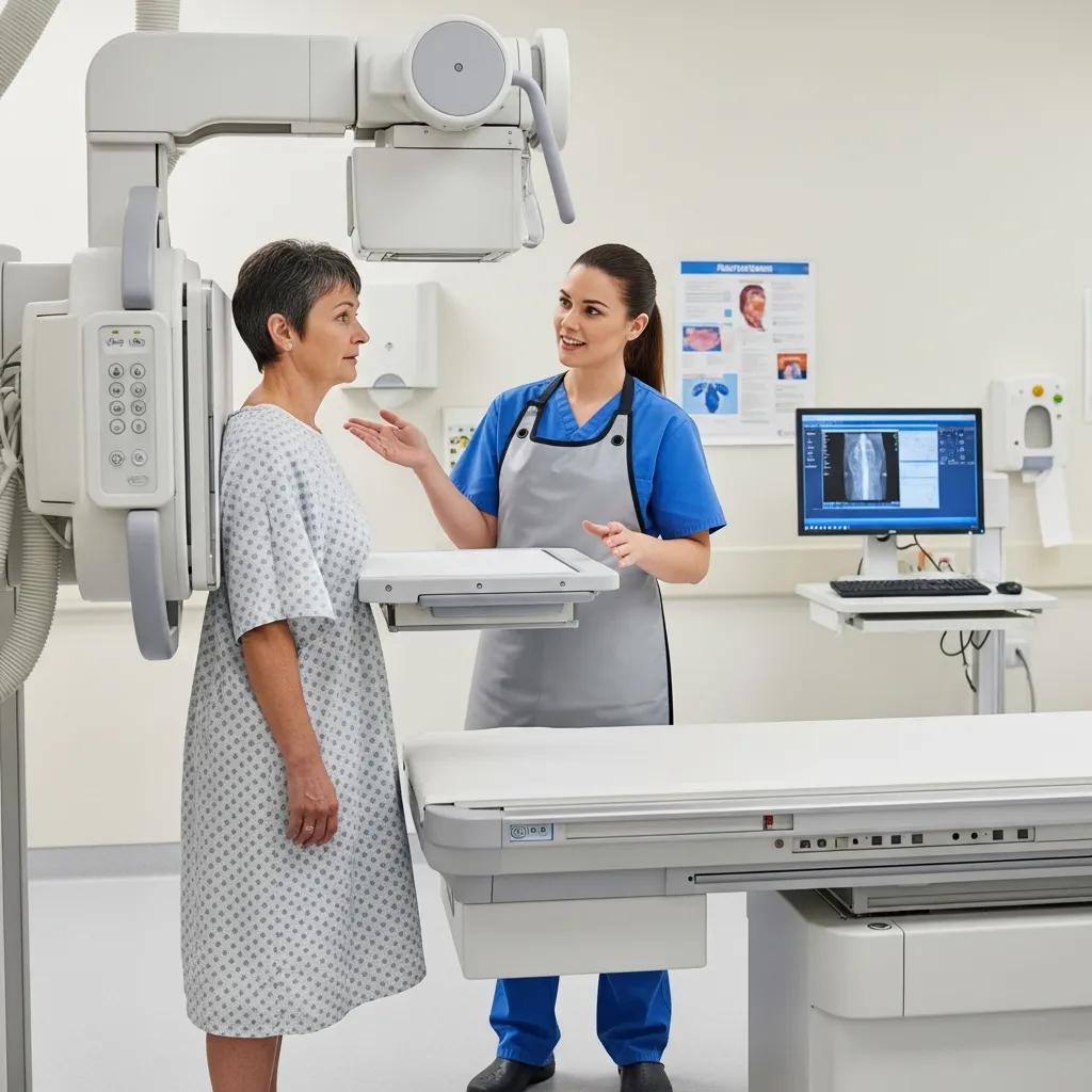 Patient positioned for a chest X‑ray with radiographer support