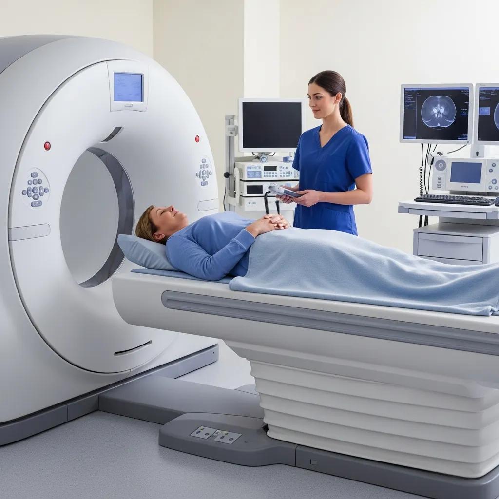 Patient having a CT scan at Life Medical Imaging Central Coast with a technologist