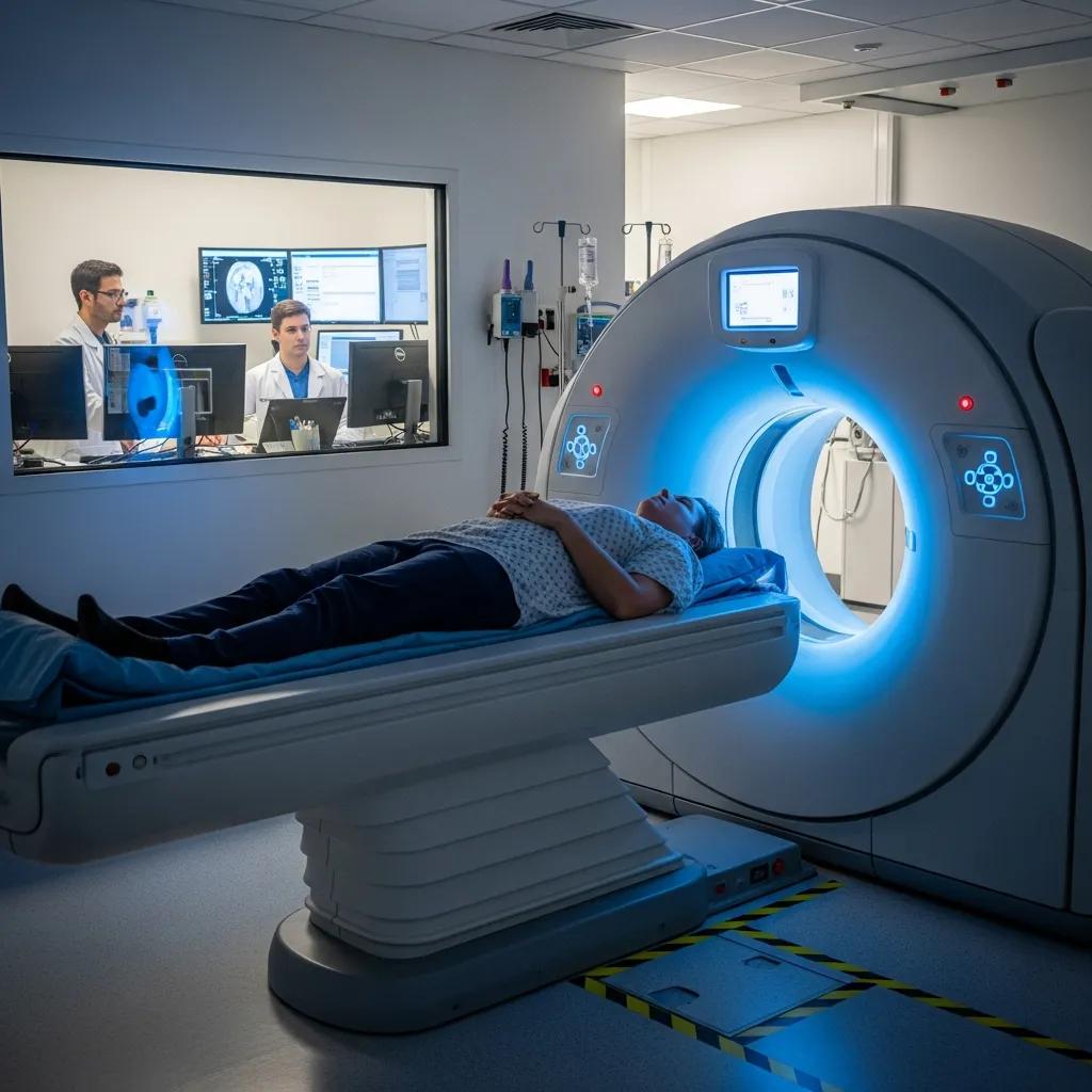 Patient having a CT scan while staff monitor the procedure