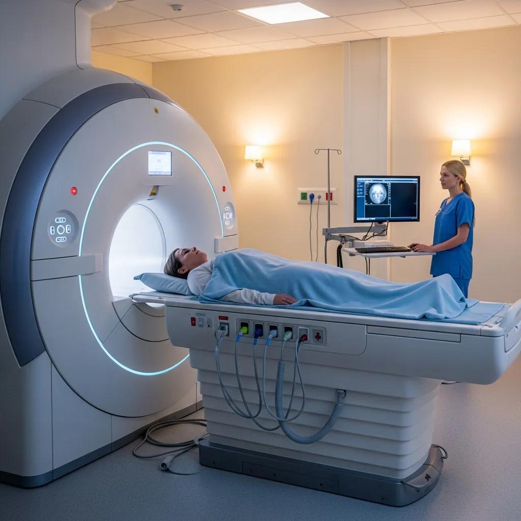 Patient positioned for an MRI scan in a calm clinical environment